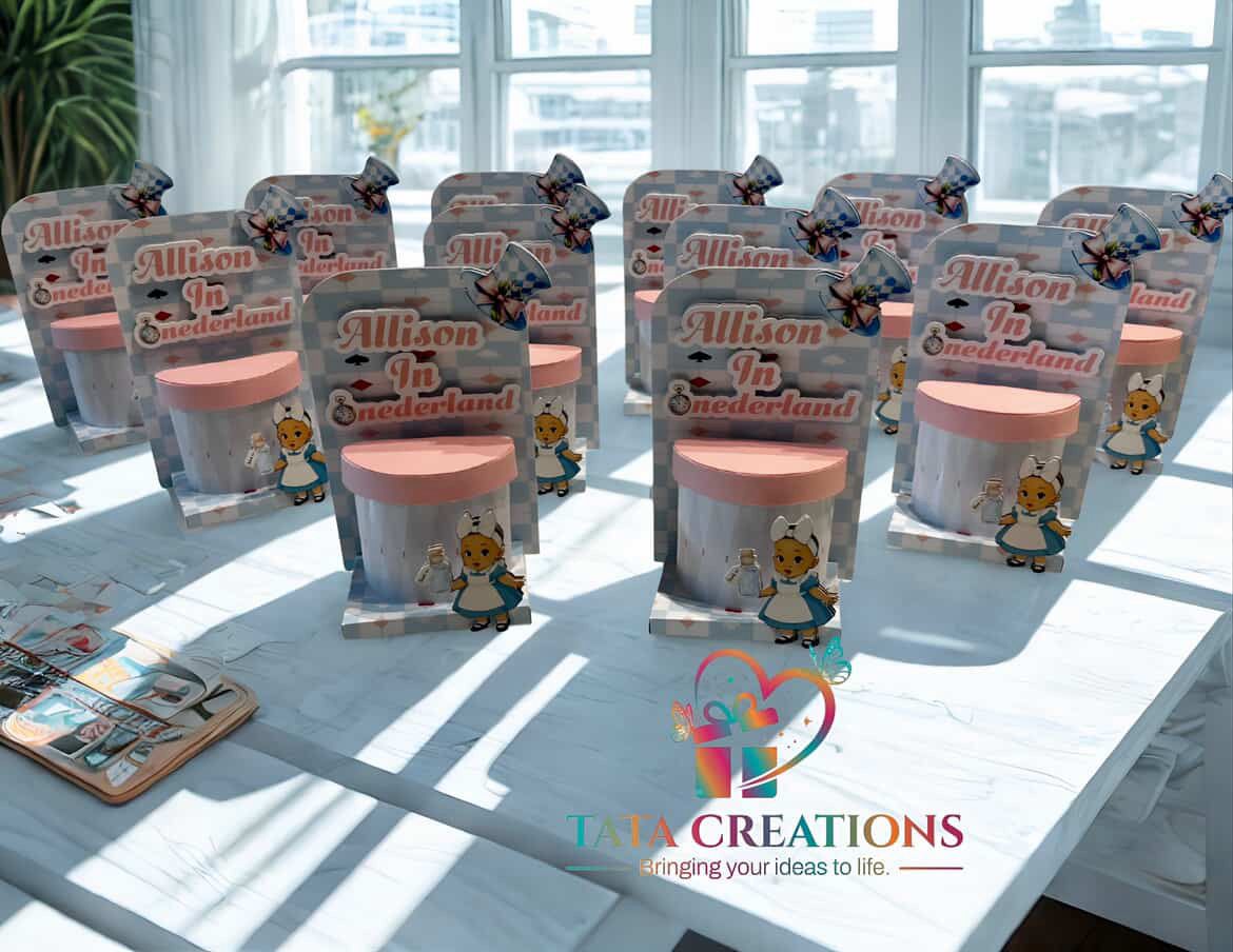 Full Alice in Onederland collection: activity box, candy dome, name card and centerpiece