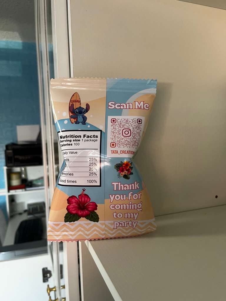 Custom Stitch chips bag with nutrition label and QR code