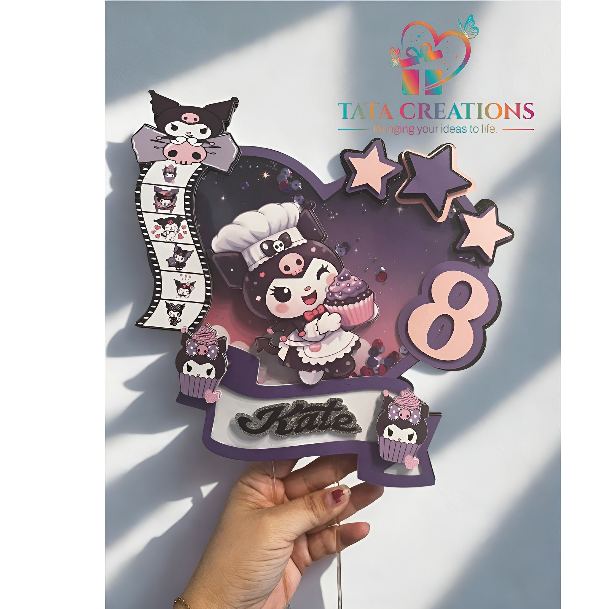 3D Kuromi cake topper with stars and name